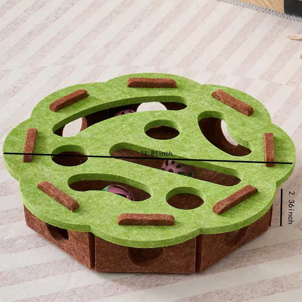 环保猫抓板玩具，带互动球，可保护小猫家具，多功能猫咪游戏板，方形设计，绿黄相间毛毡剑麻材质，尺寸小巧，30厘米x30厘米x30厘米，非常适合室内猫咪。-1