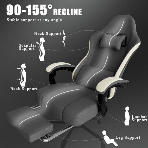 人体工学游戏椅，配备袋装弹簧坐垫，透气面料电脑椅带脚凳，可调节腰部支撑成人游戏椅-2