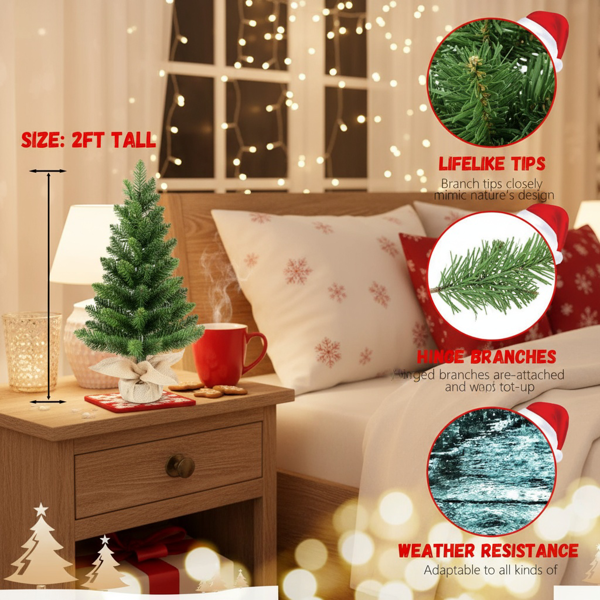 2个装2英尺桌面圣诞树，68头PVC绿树人造植物基迷你人造假日办公家具派对装饰桌面/桌子FBA发货-7