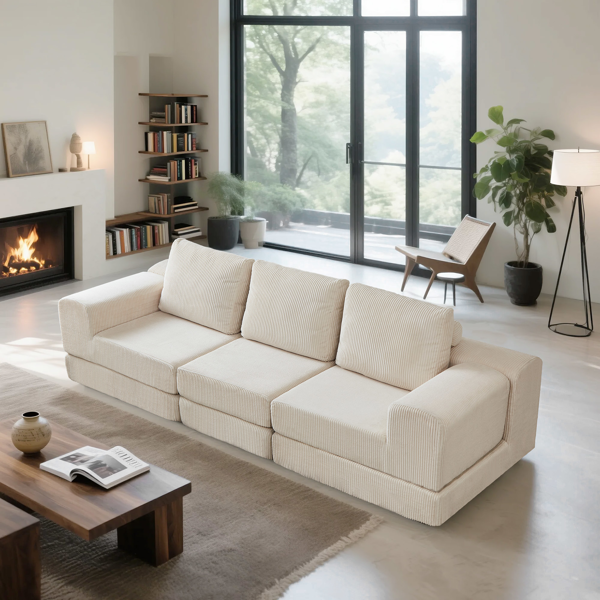 108'' Modular Sectional 3-Seater Cloud Sofa,Corduroy Convertible Sofa Bed ,living room.-3