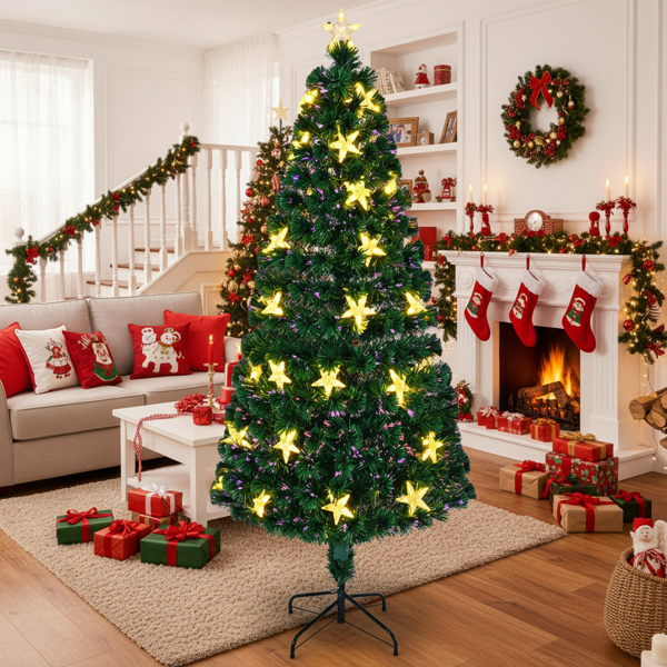 6英尺圣诞树配大星星预发光光纤人造植物树变色灯配金属支架全树家居节日派对装饰FBA发货-14
