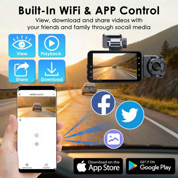 （物流随机发，自提可发加拿大）-三通道行车记录仪套装，配备1080P全高清前置摄像头（140°广角视野）及480P车内/后置摄像头，提供360°全方位车辆防护，支持画中画显示功能，清晰记录碰撞证据。-6