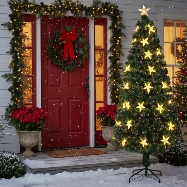 6英尺圣诞树配大星星预发光光纤人造植物树变色灯配金属支架全树家居节日派对装饰FBA发货-15