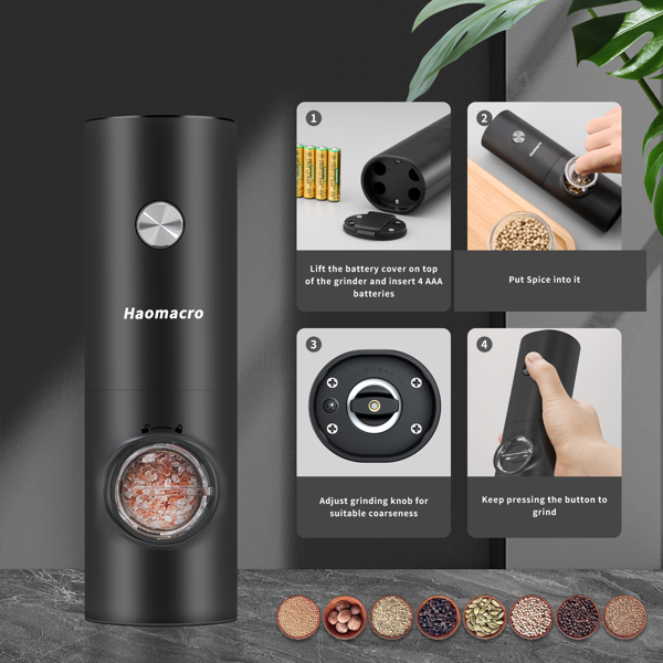 电动盐与胡椒磨器套装，可调节粗细，电池供电，厨房调味工具，适用于厨房，送礼-3