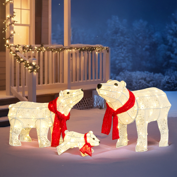 3pcs 27.5in 白色 北极熊一家 绕线撒粉 190L暖白皮线灯 圣诞灯饰动物元素 31V 3.6W 英规-11