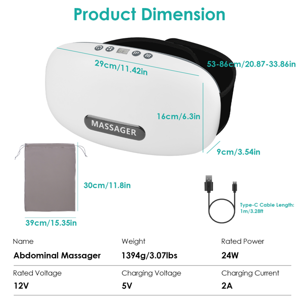 （物流随机发，自提可发加拿大）-石质腹部按摩器 - 双旋转按摩头配6颗红光灯，5种模式3档速度3档温度调节，2500mAh可充电电池，可调节腰带设计，缓解经期不适/腹胀问题-11