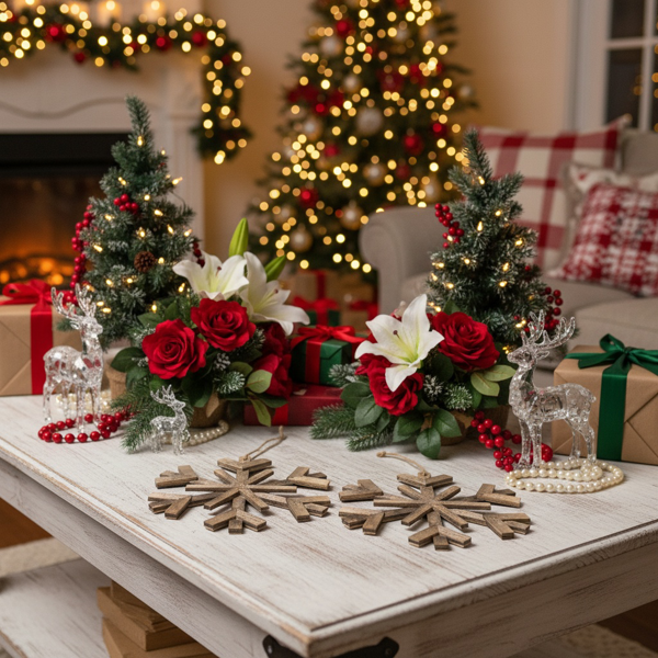 2件套17.7英寸圣诞树装饰品大型木制雪花装饰品乡村壁挂，用于度假屋展示FBA发货-10