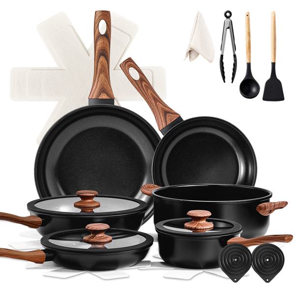 17件 六锅三盖 组装手柄 烹饪锅具 黑色 带28cm汤锅 铝锅套装-3