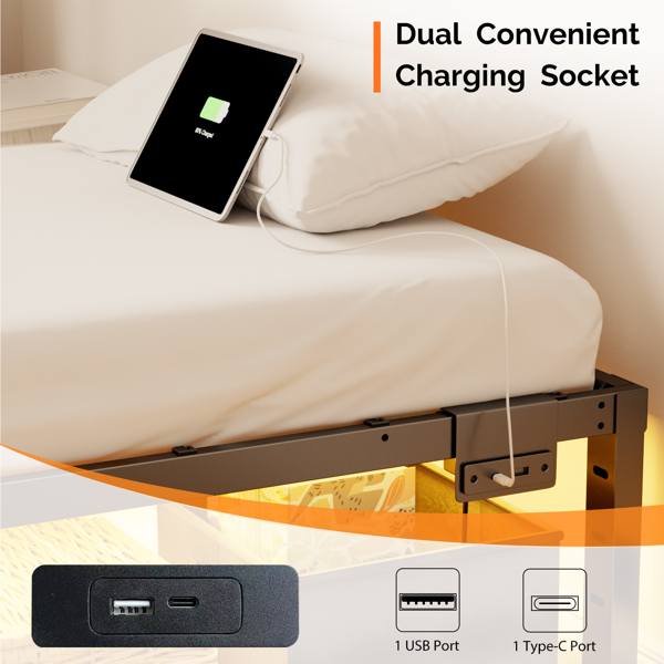 黑色 twin 带插座 灯带 简易平板 铁床 PB0L14BT 美国-3