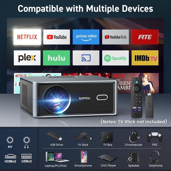 带 WiFi 和蓝牙的投影仪，原生 1080P 4K 分辨率，支持户外电影，最大 450 英寸显示屏，SOPYOU 家庭影院投影仪，适用于 iOS/Android/电视棒（亚马逊禁售）-7