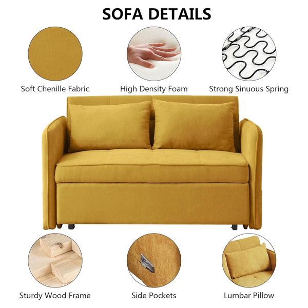 53.5英寸现代雪尼尔织物可拉出沙发床，可调节扶手的卧铺沙发沙发-黄色-9