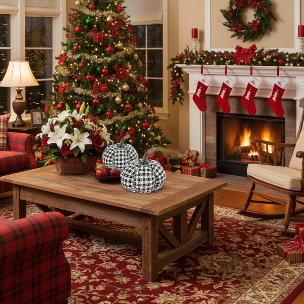 2件套圣诞节南瓜装饰7x7x6.7“面料黑白格子南瓜，非常适合恐怖节日展示FBA发货-2