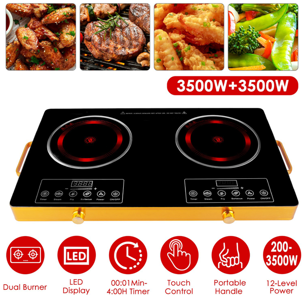 （物流随机发，自提可发加拿大）-7000W双头电炉灶 110V，配备2个3500W快速加热炉盘，4种预设模式（蒸/煎/烤/强火），11档功率调节，便携式把手及易清洁玻璃面板，适用于所有平底锅具，适合宿舍/房车/公寓/露营使用。-2