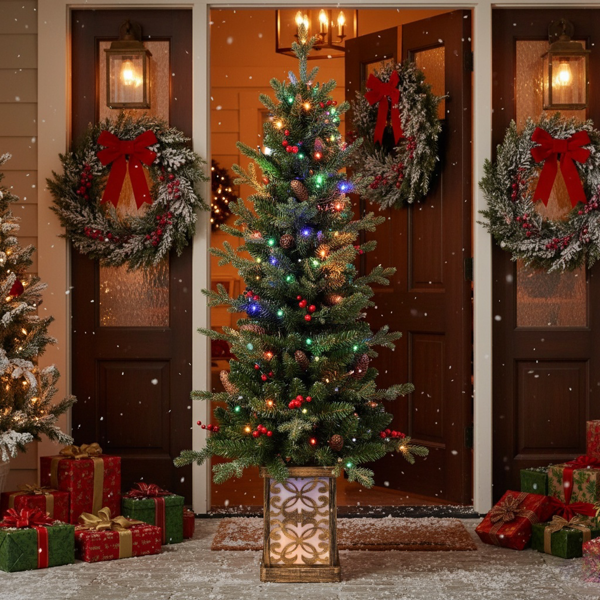 4英尺圣诞树带100个多色LED灯，预亮绿色人造植物花盆，红色浆果和松果树，PVC全枝，闪闪发光的底座照亮花盆，派对装饰FBA发货-1