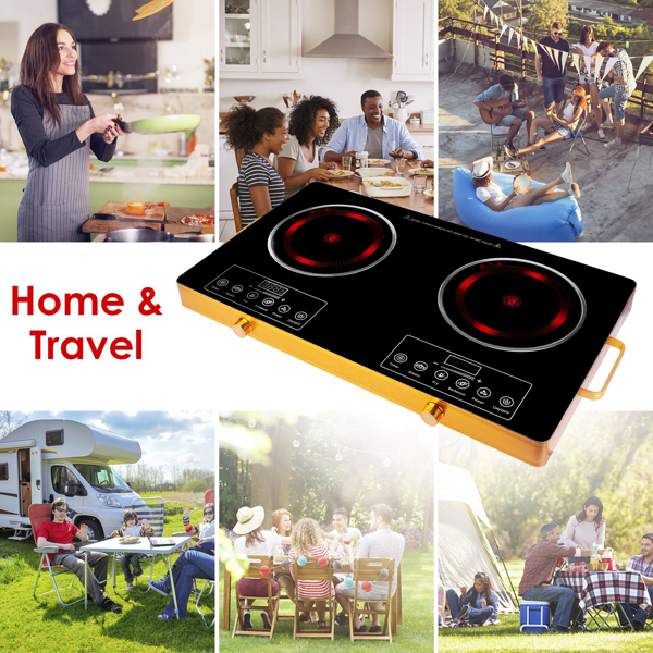 （物流随机发，自提可发加拿大）-7000W双头电炉灶 110V，配备2个3500W快速加热炉盘，4种预设模式（蒸/煎/烤/强火），11档功率调节，便携式把手及易清洁玻璃面板，适用于所有平底锅具，适合宿舍/房车/公寓/露营使用。-9