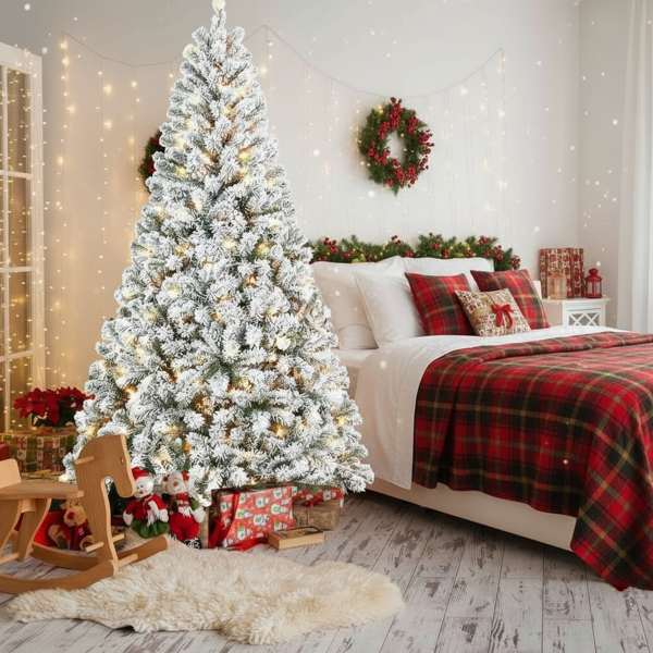 5英尺植绒圣诞树407尖端人造植物，带150个暖白色灯坚固的金属支架雪地人造树度假屋、办公室、公寓派对装饰FBA发货-9