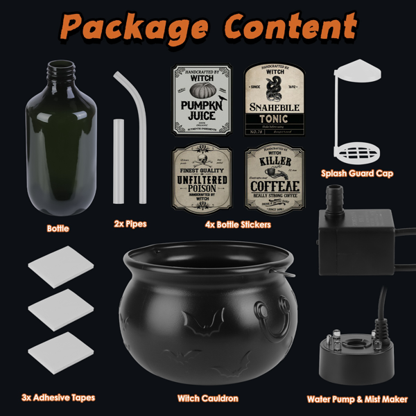 （自提可发加拿大，temu&tk下自提单）万圣节漂浮药水瓶装饰搭配女巫坩埚——二合一USB供电绿色雾气发生器&4颗LED灯，IPX8防水等级，含防溅罩，完美适配万圣派对、鬼屋及各类惊悚主题场合-5