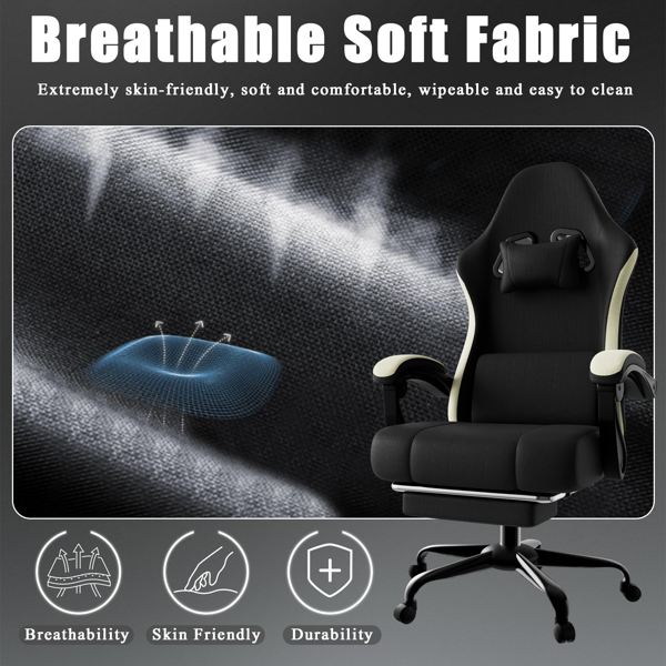 人体工学游戏椅，配备袋装弹簧坐垫，透气面料电脑椅带脚凳，可调节腰部支撑成人游戏椅-4