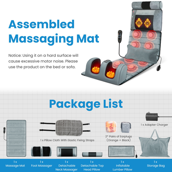 （物流随机发，自提可发加拿大）-全身振动按摩垫（含颈部及足部按摩器）- 10个按摩区域+3档腰部加热，可拆卸20节点颈部按摩器（带加热功能）及32节点足部揉捏按摩器，充气腰枕，防滑底座，10-30分钟定时器，附赠收纳袋及耳塞（理想礼品）-4