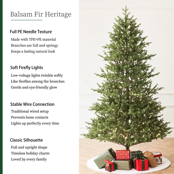 Balsam Fir 6.5英尺圣诞树 带预装灯的人造圣诞树，拥有3,025根树枝尖和991盏低压暖色LED灯，可折叠底座，树枝逼真防火-2