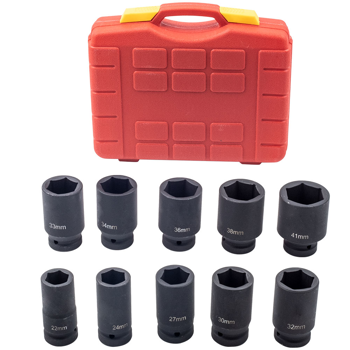 适用于10件装 3/4英寸驱动深口套筒组 公制22-41毫米 六角套筒套装 含收纳箱