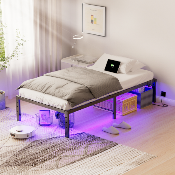 黑色 twin 带插座 灯带 简易平板 铁床 PB0L14BT 美国-9