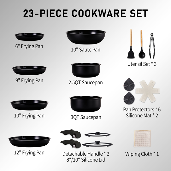 23件 七锅两盖 可拆卸手柄 烹饪锅具 黑色 铝锅套装-4