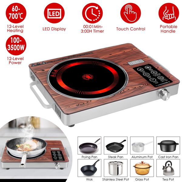 （物流随机发，自提可发加拿大）-3500W单头电炉灶 110V - 快速加热电热板，配备4种预设模式（煎炸/烧烤/炖煮/多功能），12档功率/温度调节，0-3小时定时器，便携式把手及易清洁玻璃表面，适用于宿舍/房车/露营-10