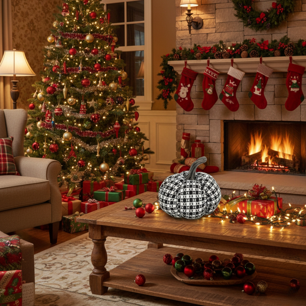 2件套圣诞节南瓜装饰7x7x6.7“面料黑白格子南瓜，非常适合恐怖节日展示FBA发货-10