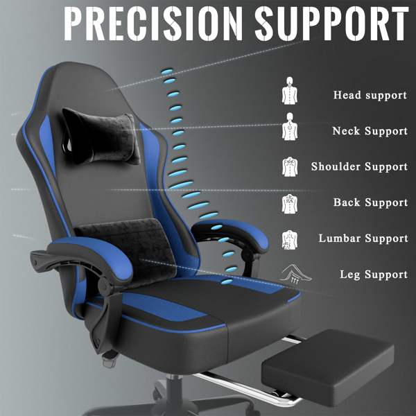 带袋装弹簧坐垫和脚凳的游戏椅，成人人体工学电脑椅，透气PU皮游戏椅，可调节头枕和腰部支撑办公桌椅-4