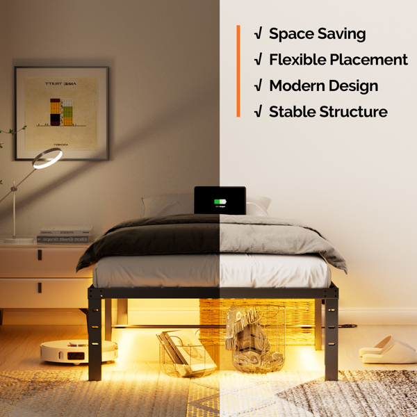 黑色 twin 带插座 灯带 简易平板 铁床 PB0L14BT 美国-8