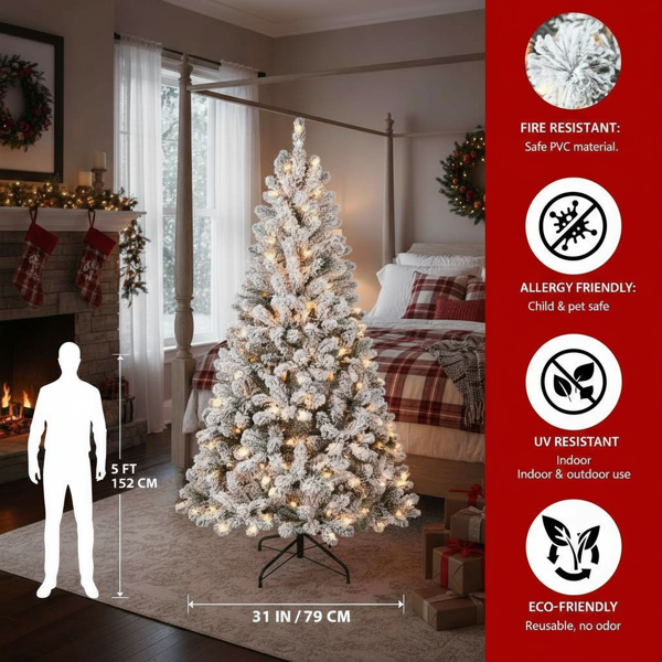 5英尺植绒圣诞树407尖端人造植物，带150个暖白色灯坚固的金属支架雪地人造树度假屋、办公室、公寓派对装饰FBA发货-8