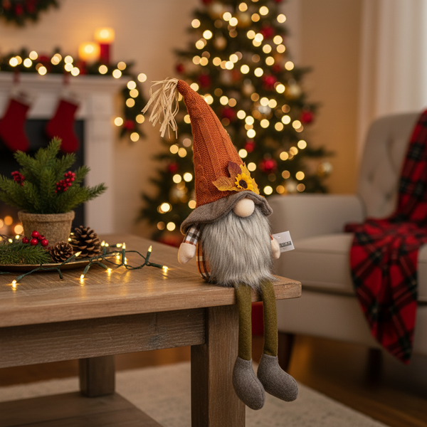 2件套圣诞节侏儒装饰5.5x3.5x20.5“织物坐式侏儒，带橙色帽子和枫叶，非常适合秋季收获和感恩节装饰FBA发货-9