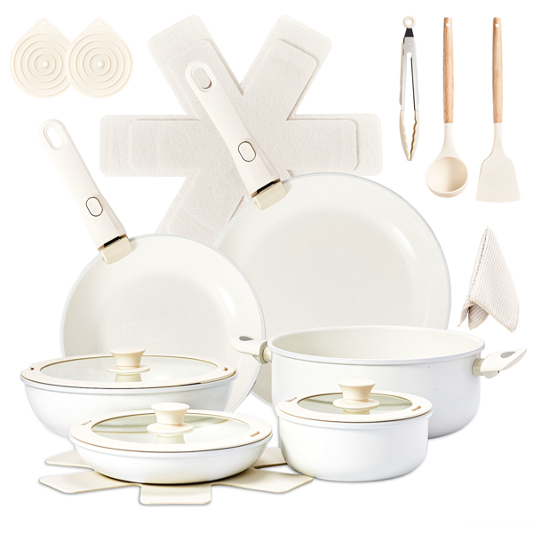 22件 六锅三盖 可拆卸手柄 烹饪锅具 米白色 带28cm汤锅 铝锅套装-4