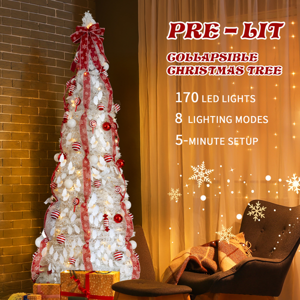 7ft 白色 伸缩圣诞树 PVC 170暖白灯8模式  带红白色配饰 圣诞树 30V 3.6W 美规-15