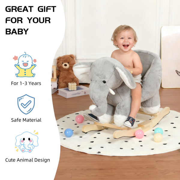 儿童摇摆马骑行玩具，带摇篮曲音乐，大象摇摆玩具配手偶与安全带，适合1-3岁儿童，柔软毛绒面料，灰色-7