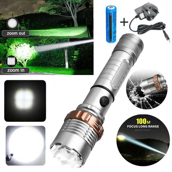 可充电LED手电筒5种照明模式可变焦徒步露营户外手电筒+电池+充电器套装-9