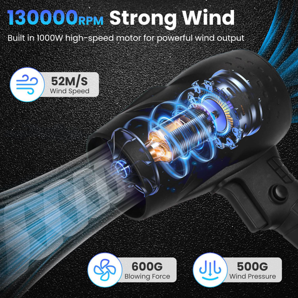 （物流随机发，自提可发加拿大）130000转/分钟无线迷你吹风机，1000W强劲电机搭载涡轮增压技术（550克风压/600克吹力），64毫米出风口设计，轻松清理重型碎屑-6