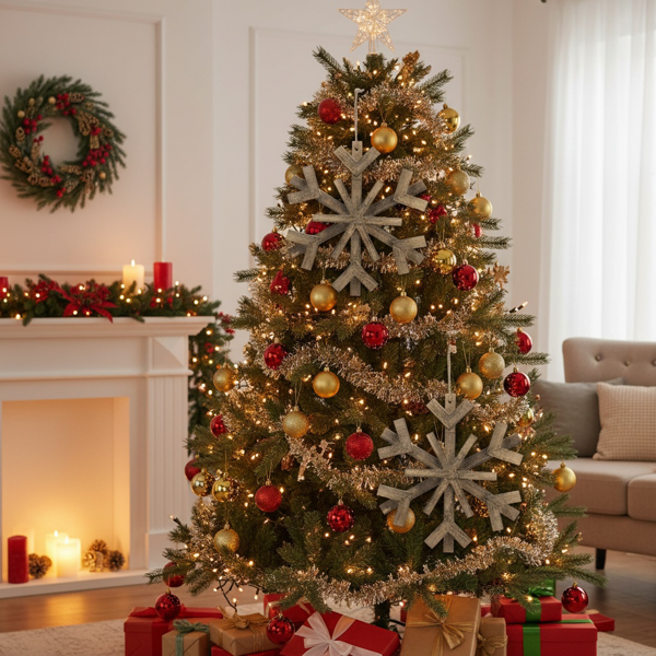 2件套17.7英寸圣诞树装饰品大型木制雪花装饰品乡村壁挂，用于度假屋展示FBA发货-2