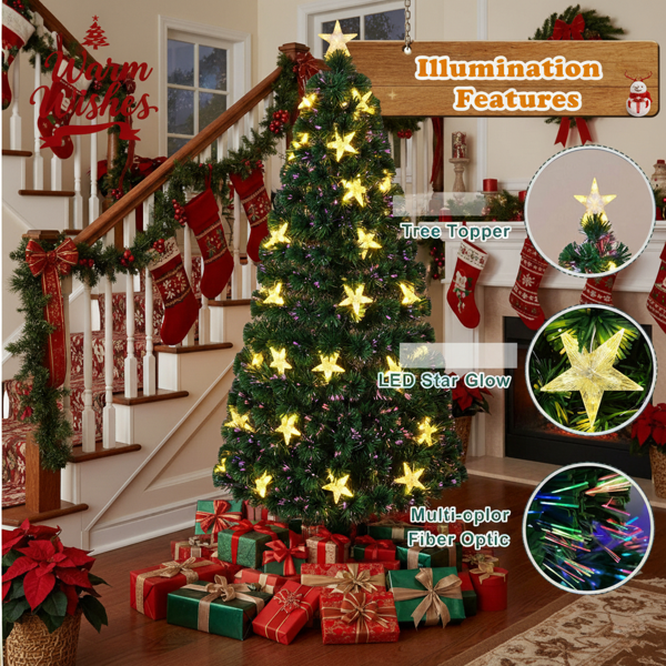 6英尺圣诞树配大星星预发光光纤人造植物树变色灯配金属支架全树家居节日派对装饰FBA发货-6