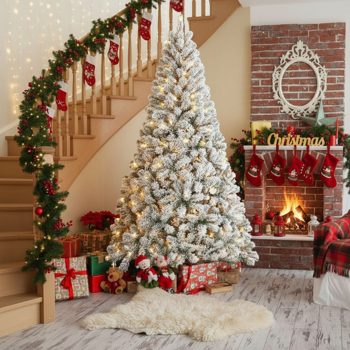 5英尺植绒圣诞树407尖端人造植物，带150个暖白色灯坚固的金属支架雪地人造树度假屋、办公室、公寓派对装饰FBA发货