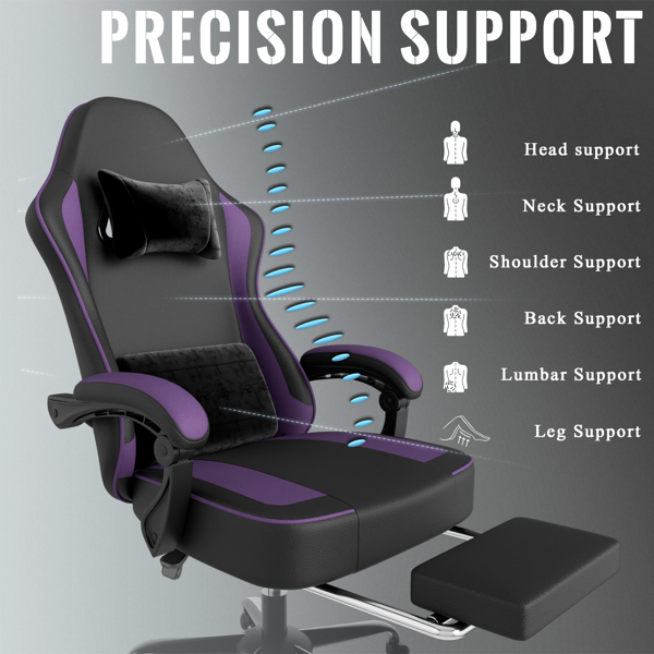 带袋装弹簧坐垫和脚凳的游戏椅，成人人体工学电脑椅，透气PU皮游戏椅，可调节头枕和腰部支撑办公桌椅-7