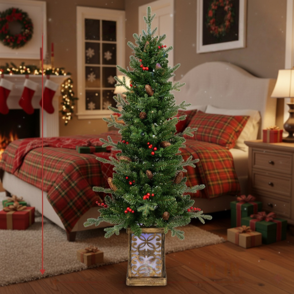 4英尺圣诞树带100个多色LED灯，预亮绿色人造植物花盆，红色浆果和松果树，PVC全枝，闪闪发光的底座照亮花盆，派对装饰FBA发货-10