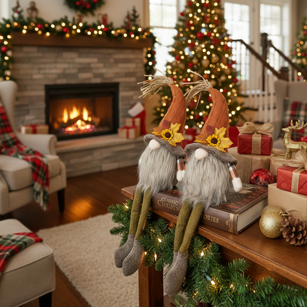 2件套圣诞节侏儒装饰5.5x3.5x20.5“织物坐式侏儒，带橙色帽子和枫叶，非常适合秋季收获和感恩节装饰FBA发货-7