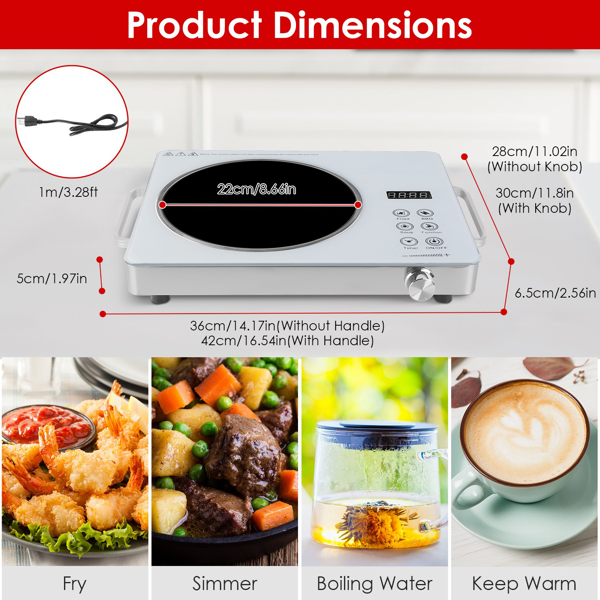 （物流随机发，自提可发加拿大）-3500W单头电炉灶 110V - 快速加热电热板，配备4种预设模式（煎炸/烧烤/炖煮/多功能），12档功率/温度调节，0-3小时定时器，便携式把手及易清洁玻璃表面，适用于宿舍/房车/露营-8