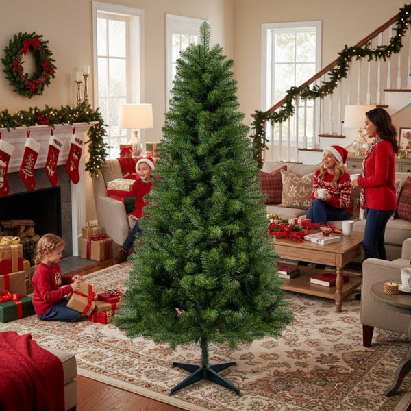 6英尺铰链式圣诞树人造植物全PVC树枝582个尖端，4条腿支架室内节日派对装饰FBA发货-1