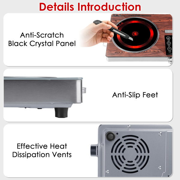 （物流随机发，自提可发加拿大）-3500W单头电炉灶 110V - 快速加热电热板，配备4种预设模式（煎炸/烧烤/炖煮/多功能），12档功率/温度调节，0-3小时定时器，便携式把手及易清洁玻璃表面，适用于宿舍/房车/露营-3