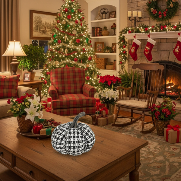 2件套圣诞节南瓜装饰7x7x6.7“面料黑白格子南瓜，非常适合恐怖节日展示FBA发货-5