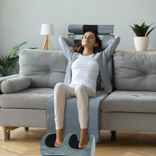 （物流随机发，自提可发加拿大）-全身振动按摩垫（含颈部及足部按摩器）- 10个按摩区域+3档腰部加热，可拆卸20节点颈部按摩器（带加热功能）及32节点足部揉捏按摩器，充气腰枕，防滑底座，10-30分钟定时器，附赠收纳袋及耳塞（理想礼品）-10