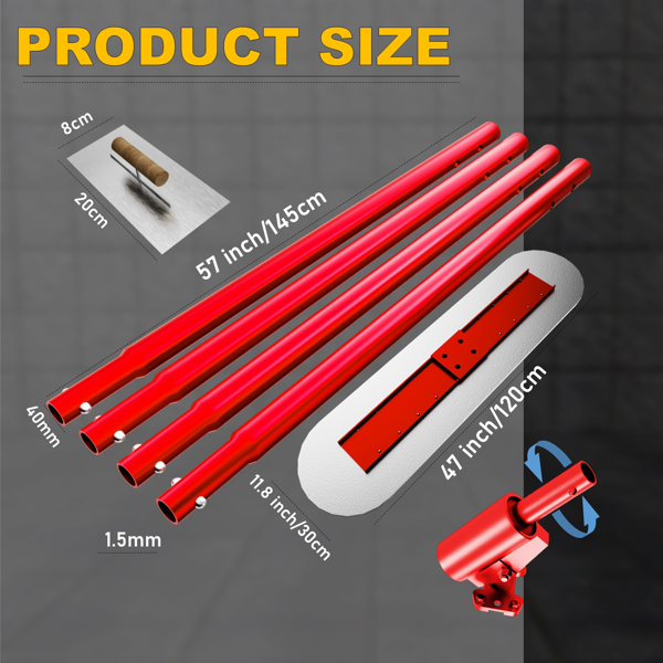 公牛抹子混凝土工具套装，48英寸×12英寸不锈钢抹子配4个可组合手柄，带抹灰刀的混凝土公牛抹子，混凝土表面修整专用公牛抹子套装-5